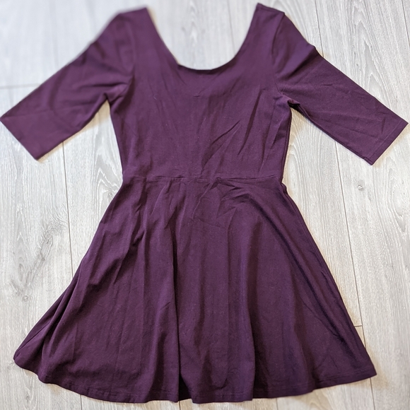 Express 3/4 Sleeve Scoop Back Skater Dress in Eggplant - Picture 1 of 4